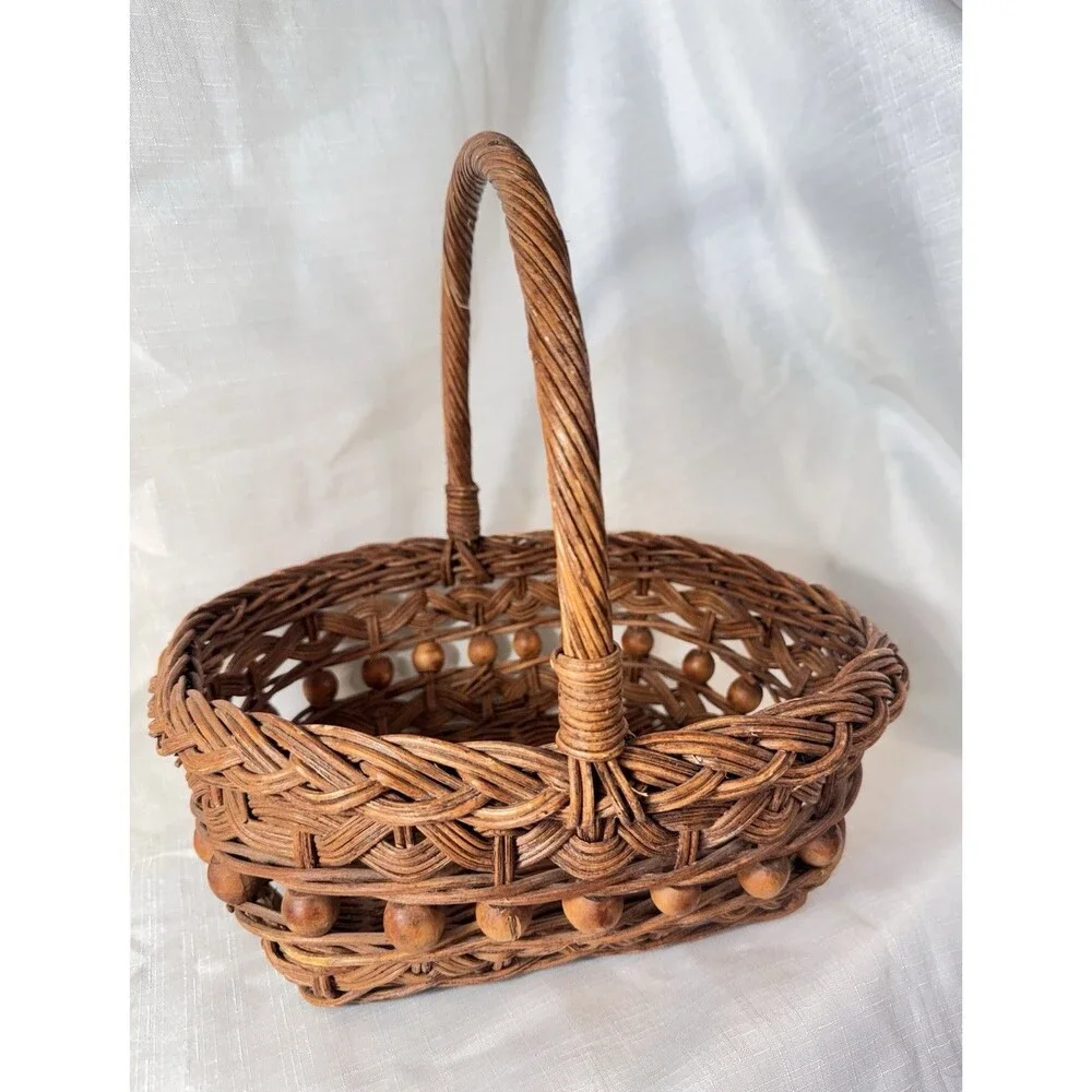 Vintage Hand Woven Basket Wicker 11 Brown Gathering Basket with Handle